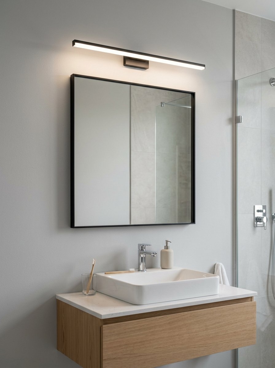 Square bathroom mirror with black frame and linear LED wall sconce above a floating light wood vanity sink.