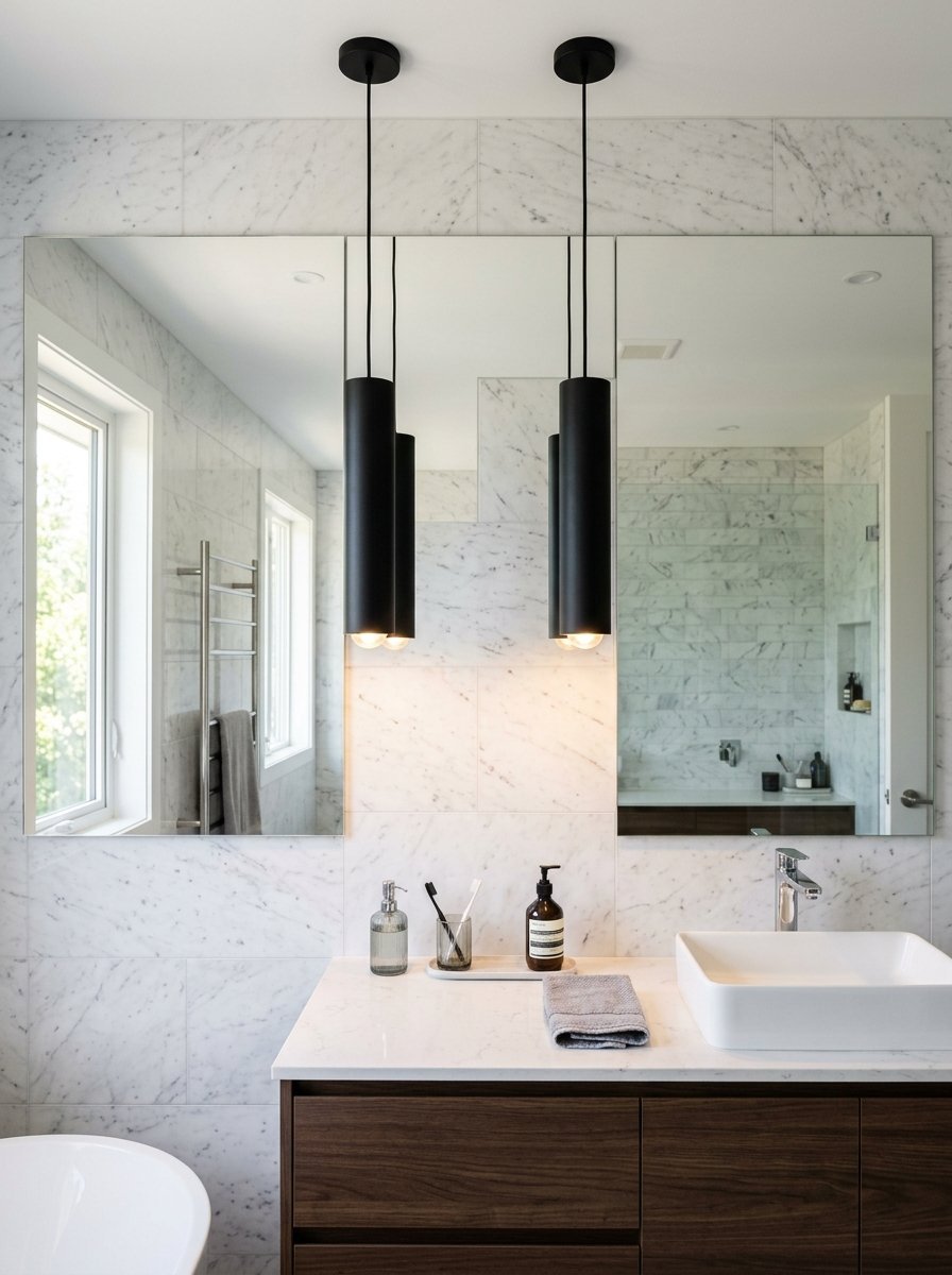 Minimalist black cylinder pendant lights hanging in front of a wide mirror in a white marble bathroom.