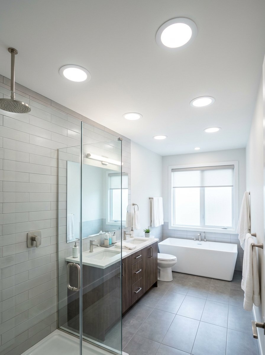 A contemporary bathroom featuring a wooden vanity, soaking tub, glass walk-in shower, and multiple ceiling recessed lights.