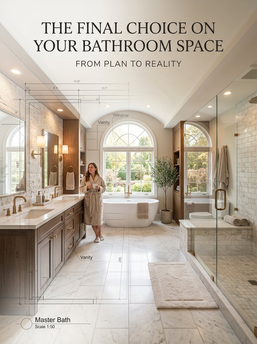 A woman in a robe stands in a marble bathroom with overlay sketches showing room dimensions and construction plans.