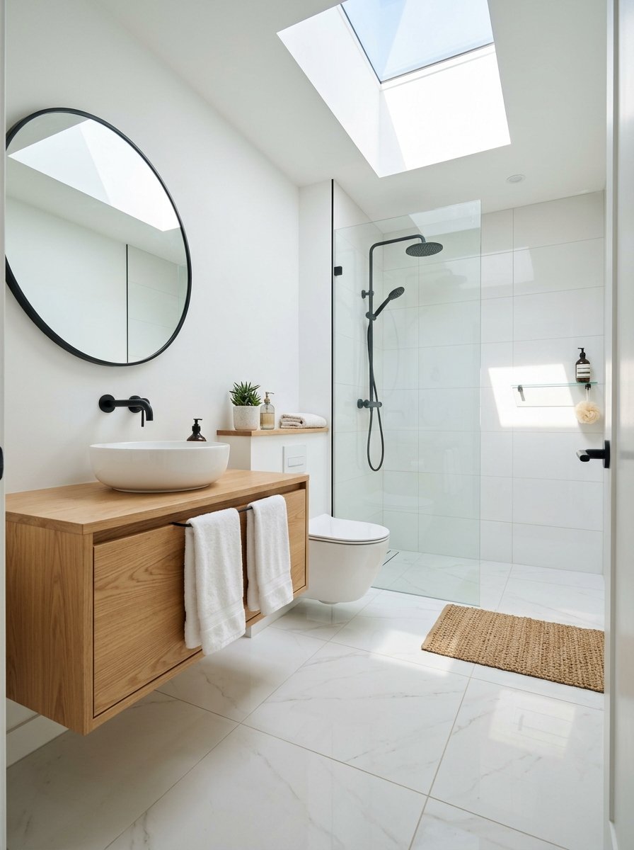 A sunlit modern bathroom with a white vessel sink, circular mirror, and a walk-in glass shower under a ceiling skylight.