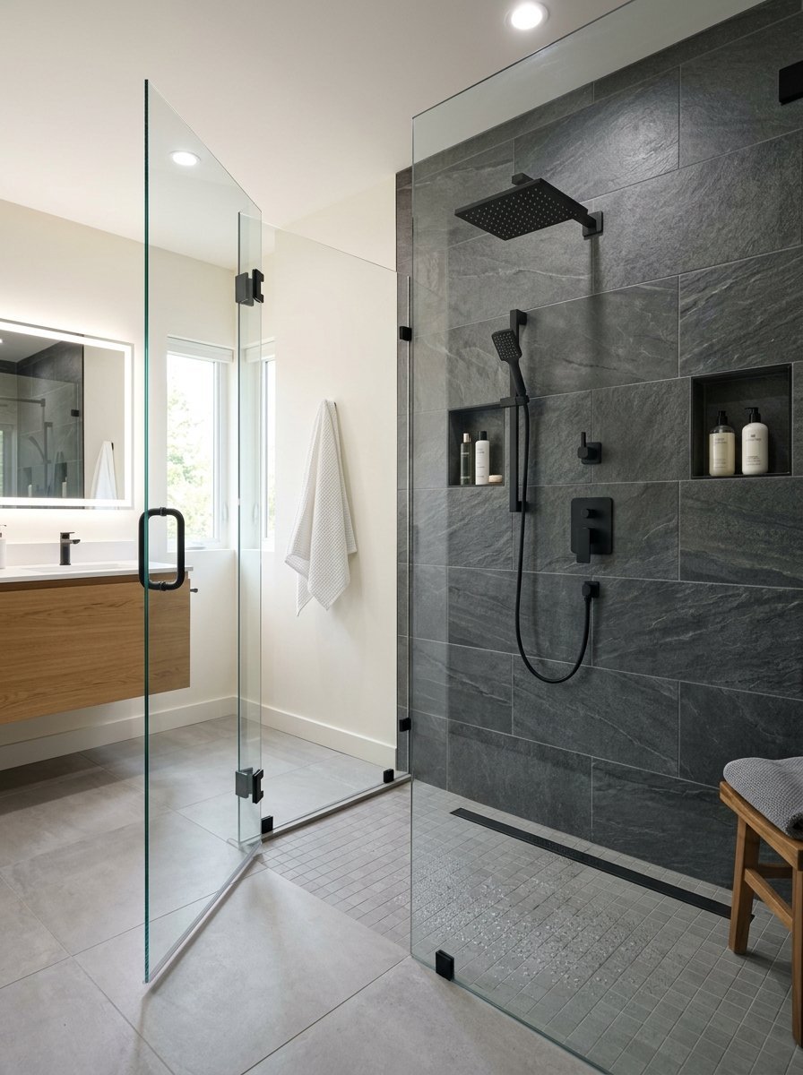 Walk-in shower with dark slate walls, black hardware, and a glass door beside a floating wood vanity.