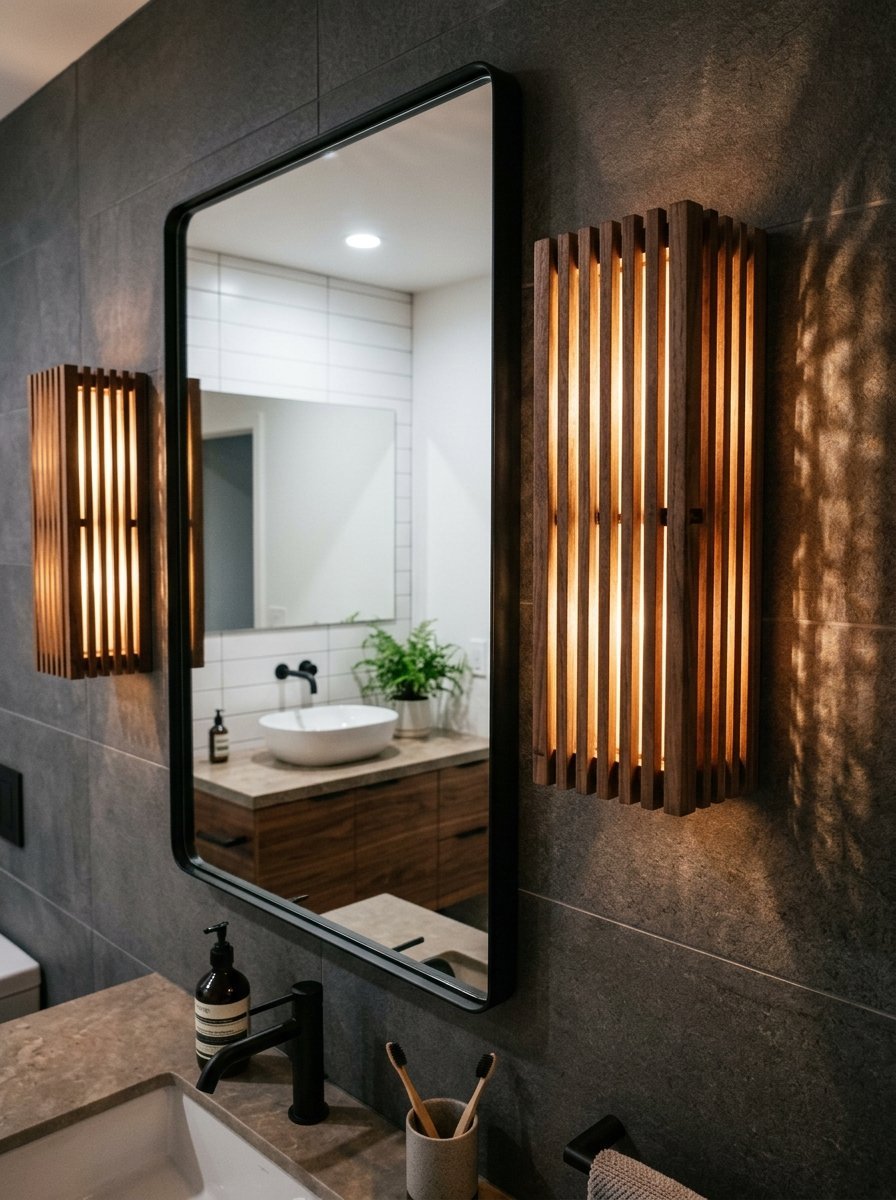 Close-up of a modern bathroom with a black framed mirror and vertical timber slat wall lamps on dark tiles.