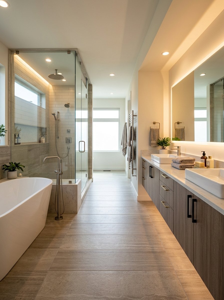 Contemporary bathroom with a white soaking tub, glass-enclosed shower, and long wooden double vanity.
