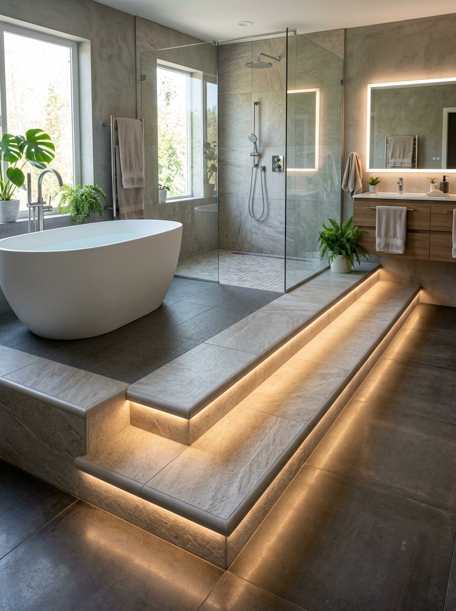 Spacious spa-style bathroom with a white soaking tub, walk-in glass shower, and LED-lit stone steps.