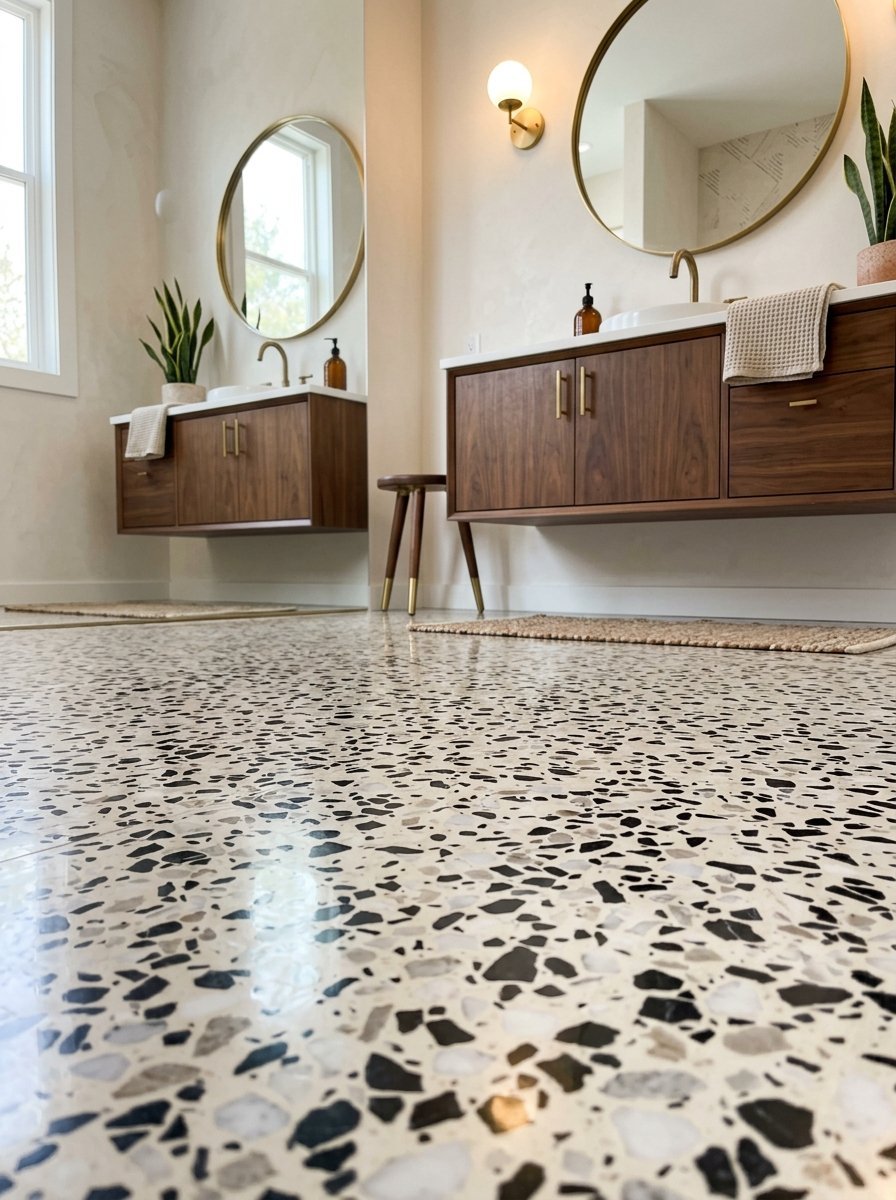 Modern bathroom with floating walnut vanities and a high-shine black and white speckled terrazzo floor.