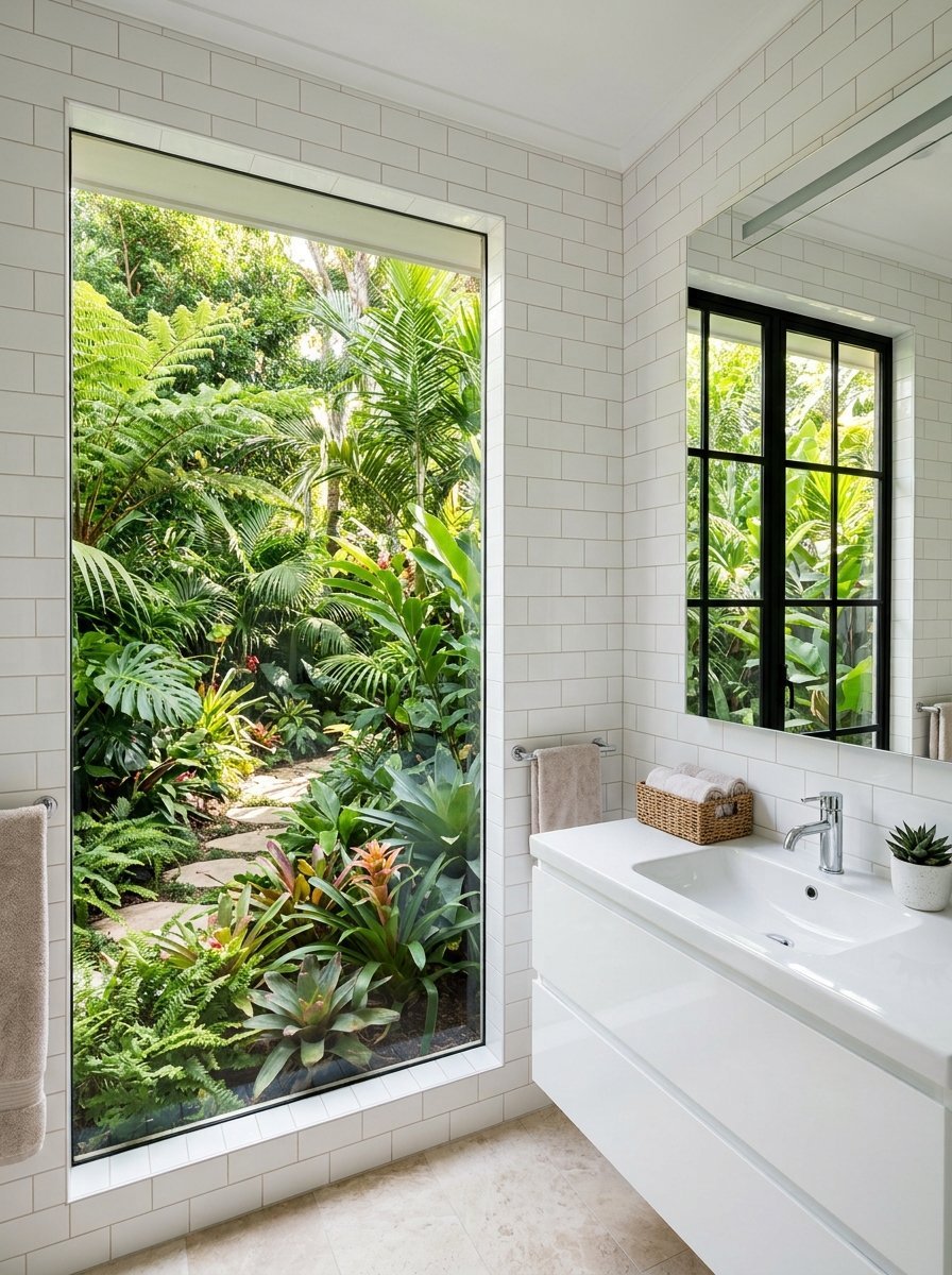 Modern white bathroom vanity with subway tiles overlooking a private jungle garden.