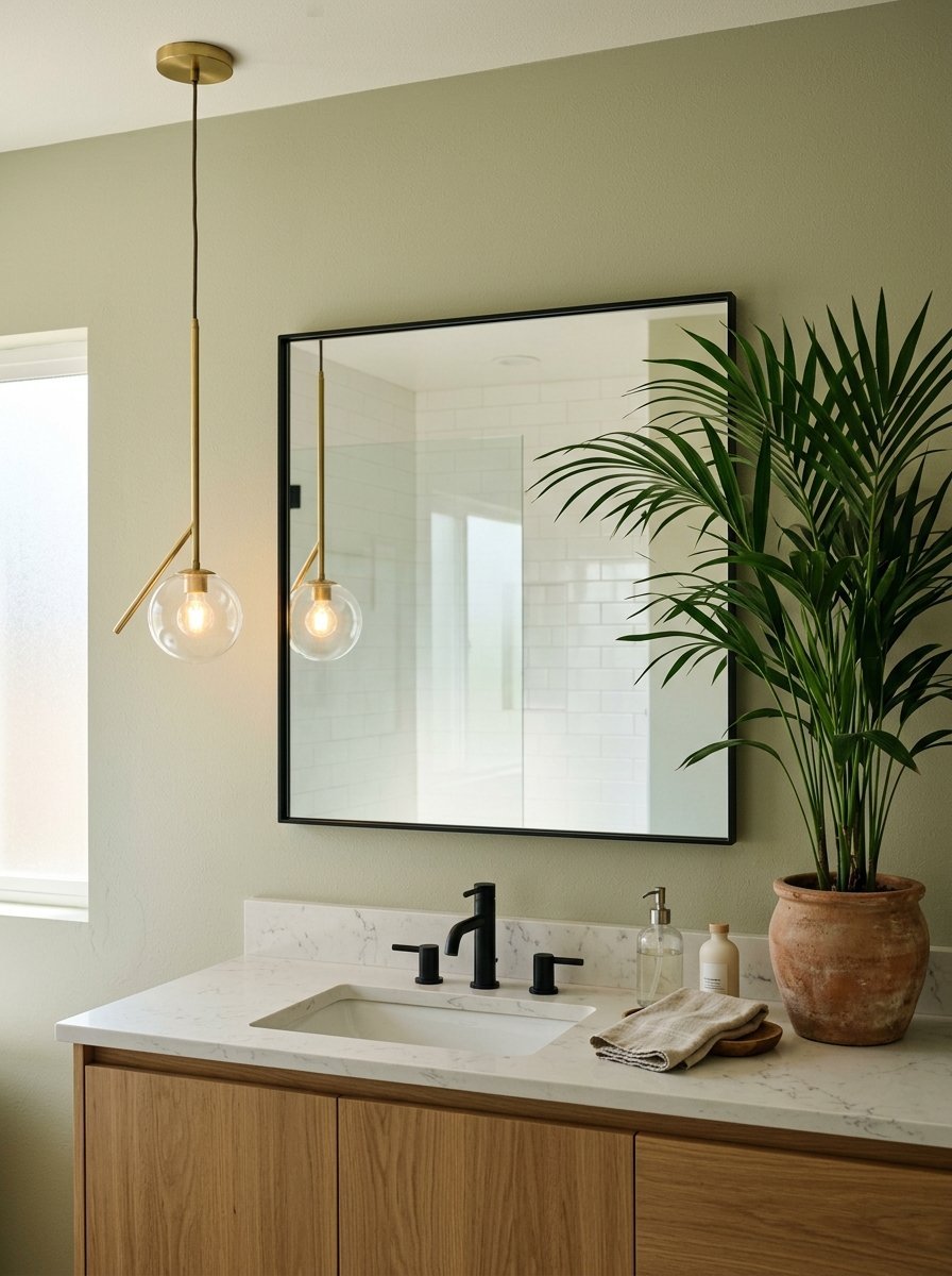 Modern bathroom with a marble countertop, black faucet, square mirror, and a potted palm on a sage green wall.