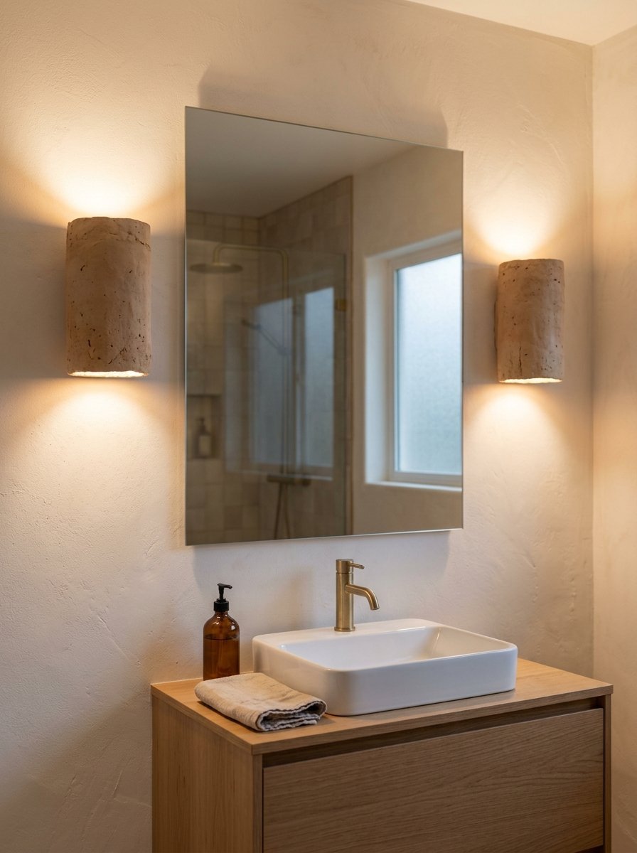 A wooden bathroom vanity with a white basin sink and mirror flanked by two cylindrical textured wall lights.
