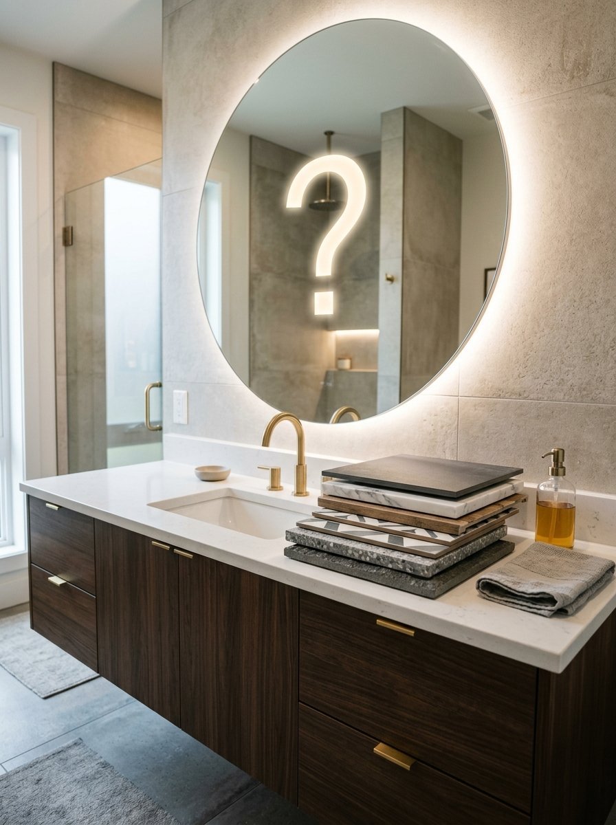 Decorative material tiles stacked on a white countertop beneath a circular LED mirror with a glowing question mark.