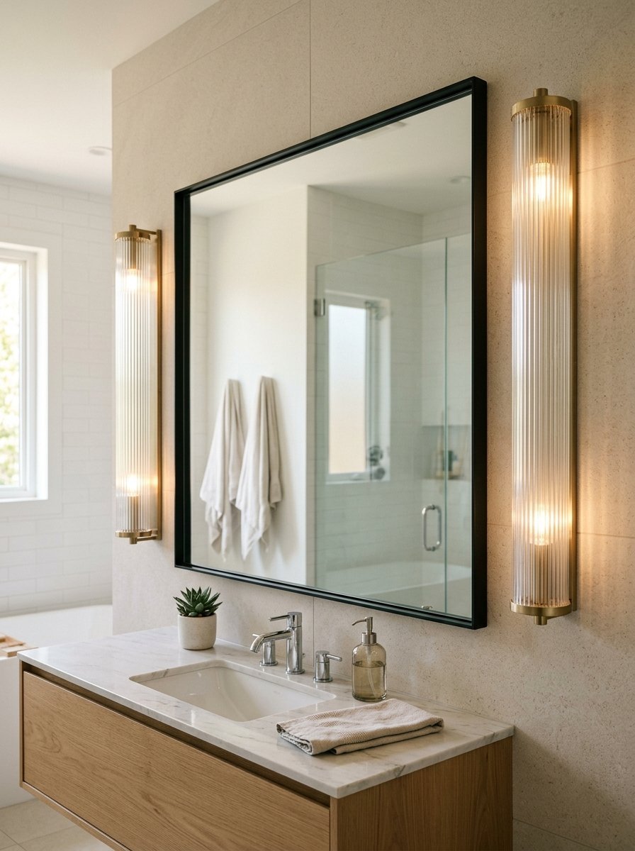 A wooden vanity with a marble countertop featuring a black-framed mirror flanked by two vertical ribbed glass light fixtures.