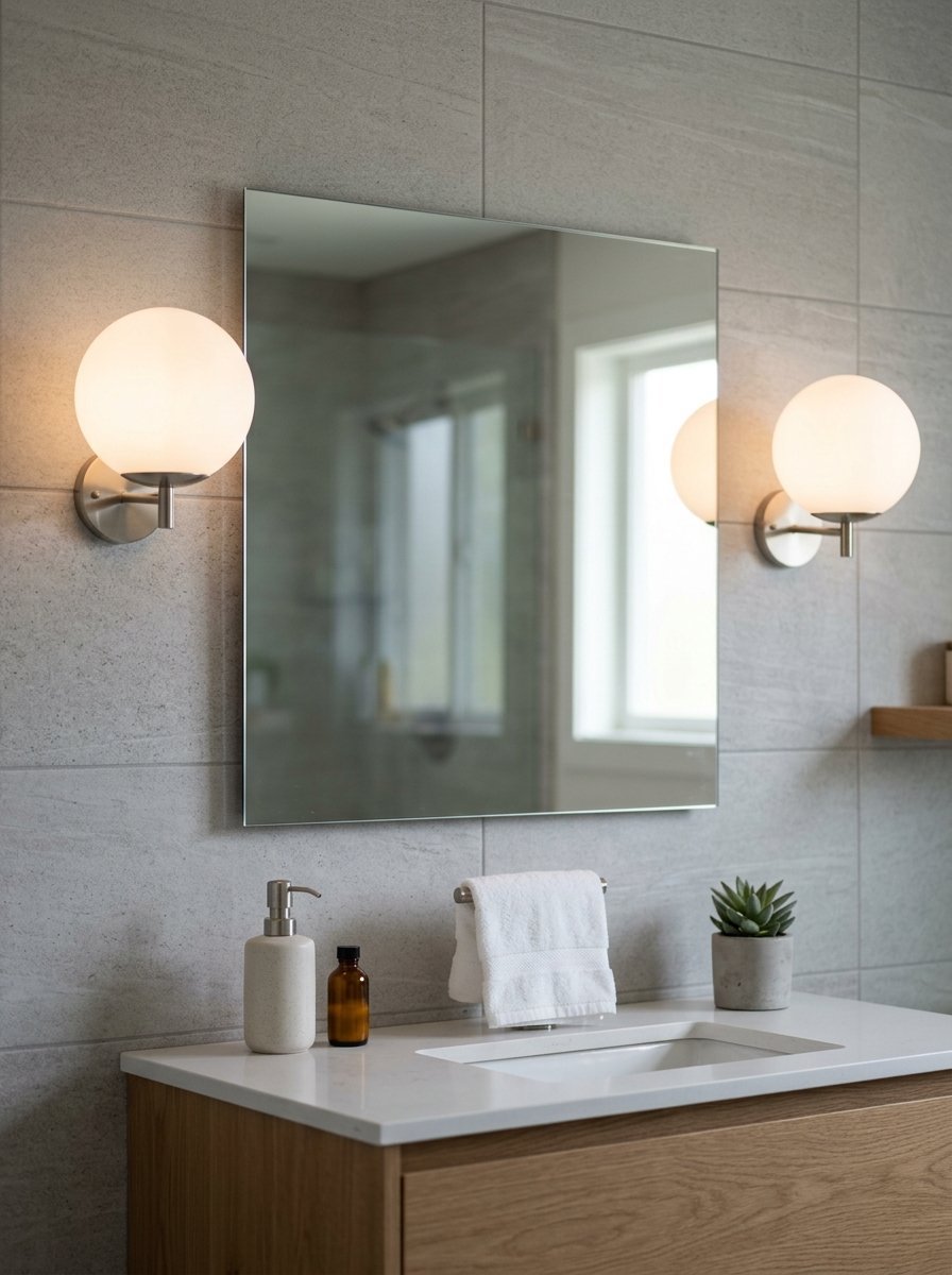 Square mirror flanked by globe wall lamps above a wooden vanity with a soap dispenser and small succulent.