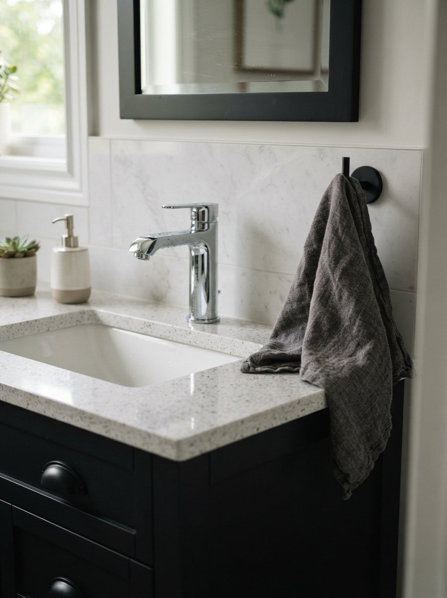 Close-up of a modern sink with a grey linen towel hanging on a black wall hook.