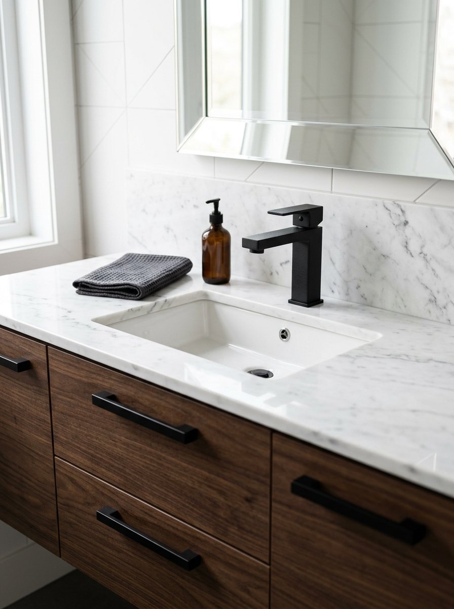Close up of a rectangular bathroom sink with a black faucet and a waffle-weave towel on a stone countertop.