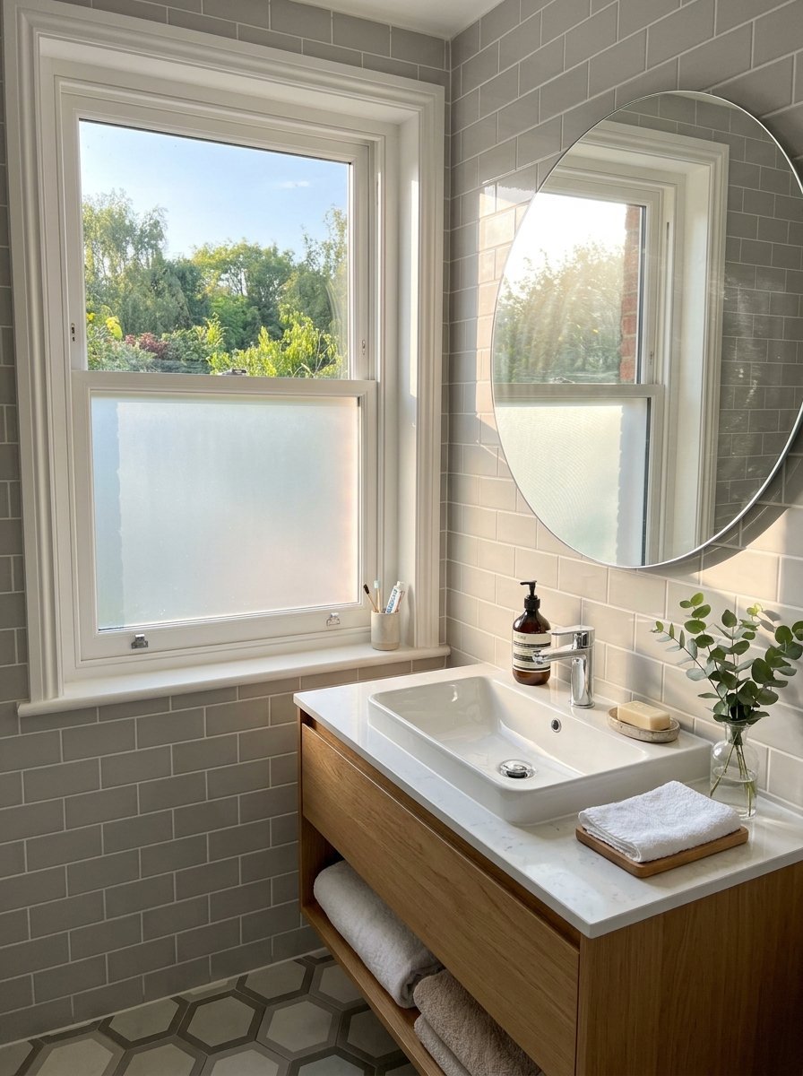 A bright bathroom sink area with wooden cabinet, round mirror, and frosted glass window overlooking a sunny garden.