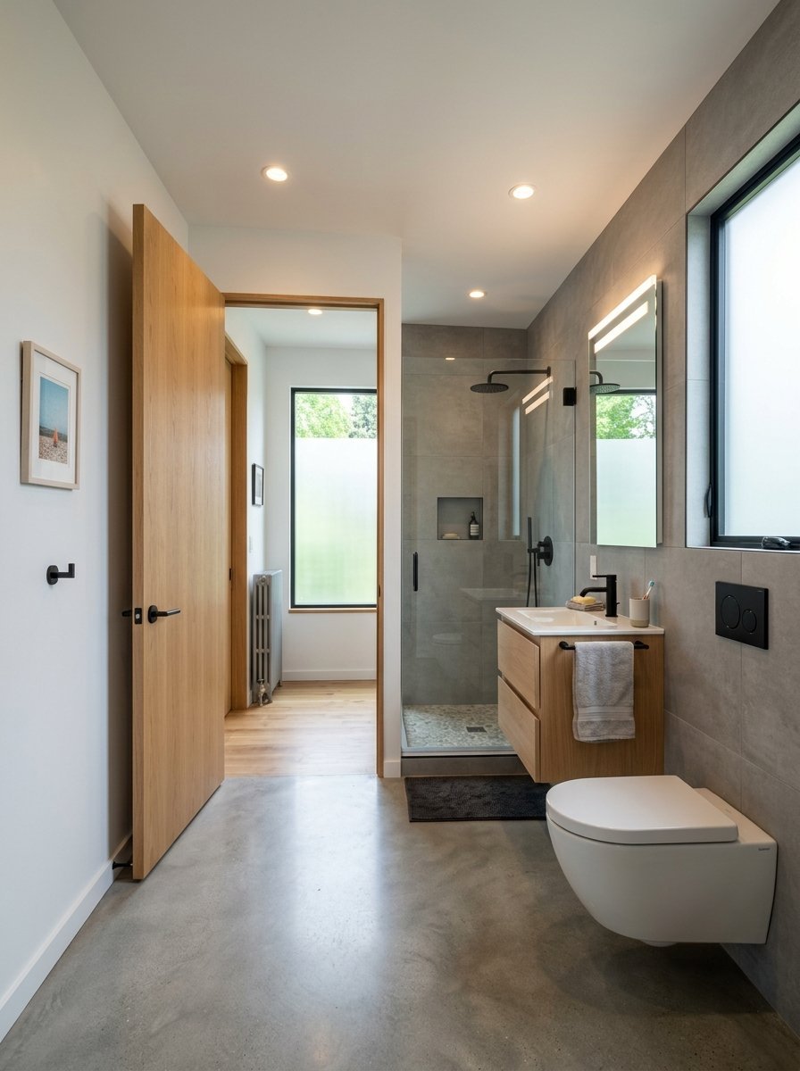 Modern bathroom with polished concrete floors, a wall-mounted toilet, glass shower, and light wood cabinetry.
