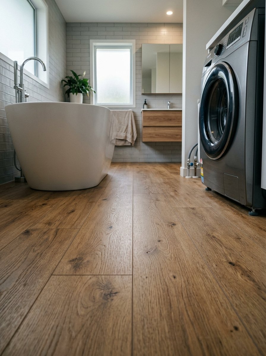 Low angle view of light wood grain flooring in a modern bathroom with a soaking tub and grey front-loading washer.