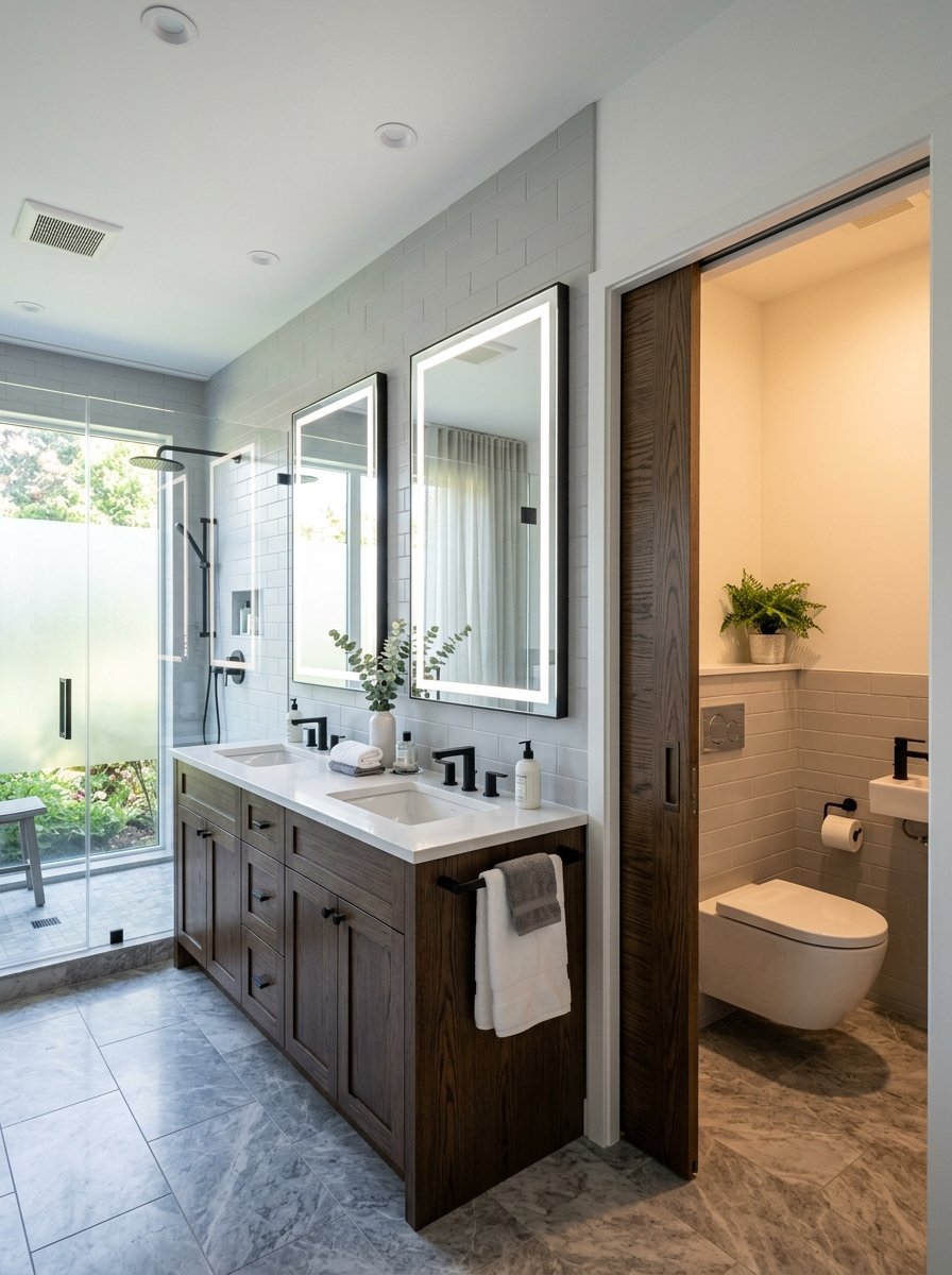 A modern bathroom featuring a dark wood double vanity, illuminated rectangular mirrors, and a private water closet.