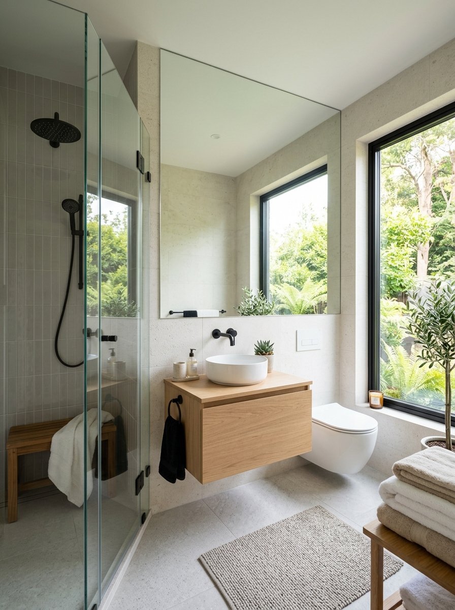 A serene bathroom featuring a floating oak vanity, wall-mounted toilet, glass shower, and large windows looking outside.