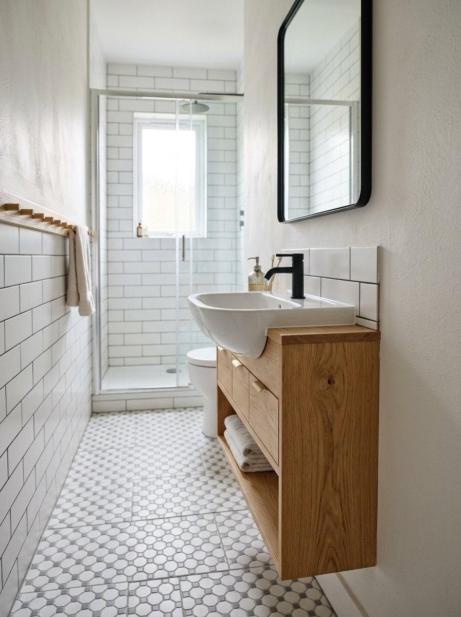 Floating oak vanity with a white sink and black faucet in a room with white subway tiles and mosaic floor.