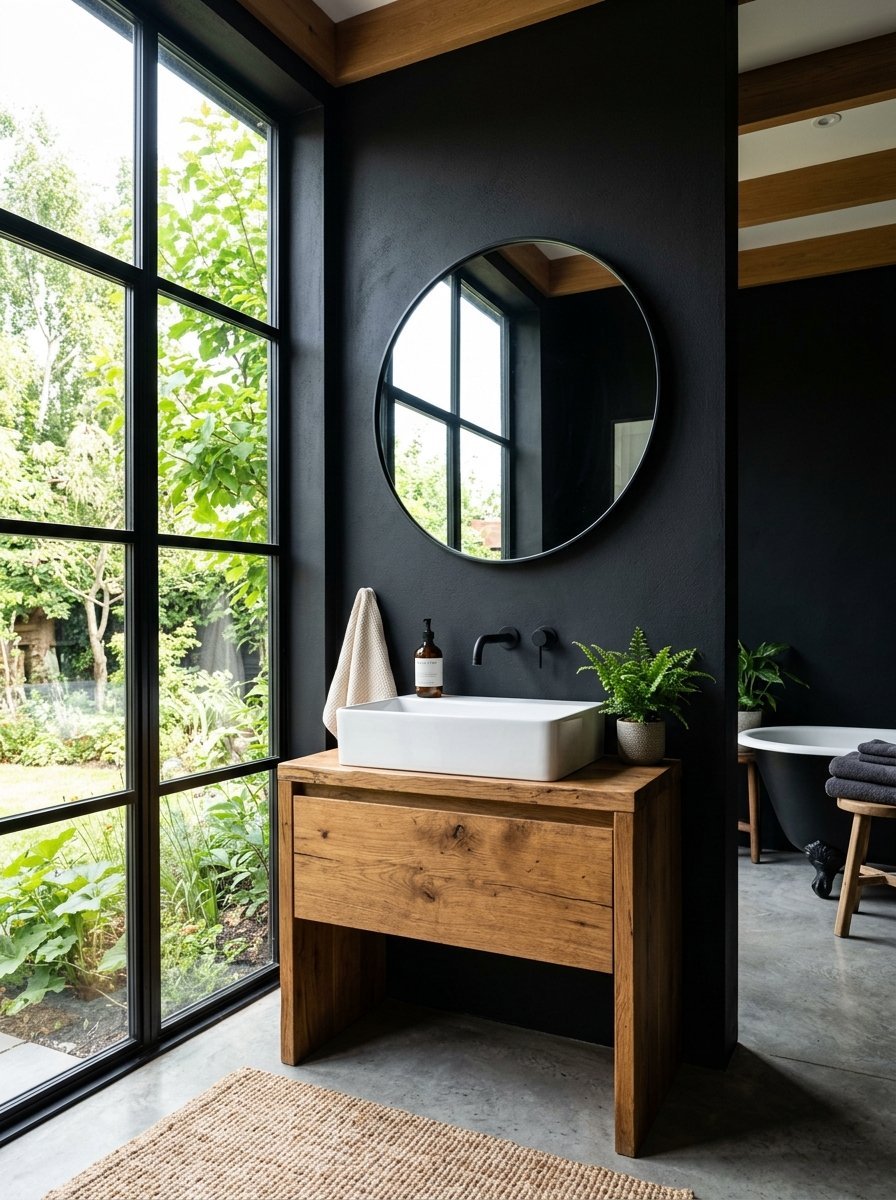 Modern bathroom featuring a wood cabinet vanity, round mirror, and large window overlooking a lush garden.