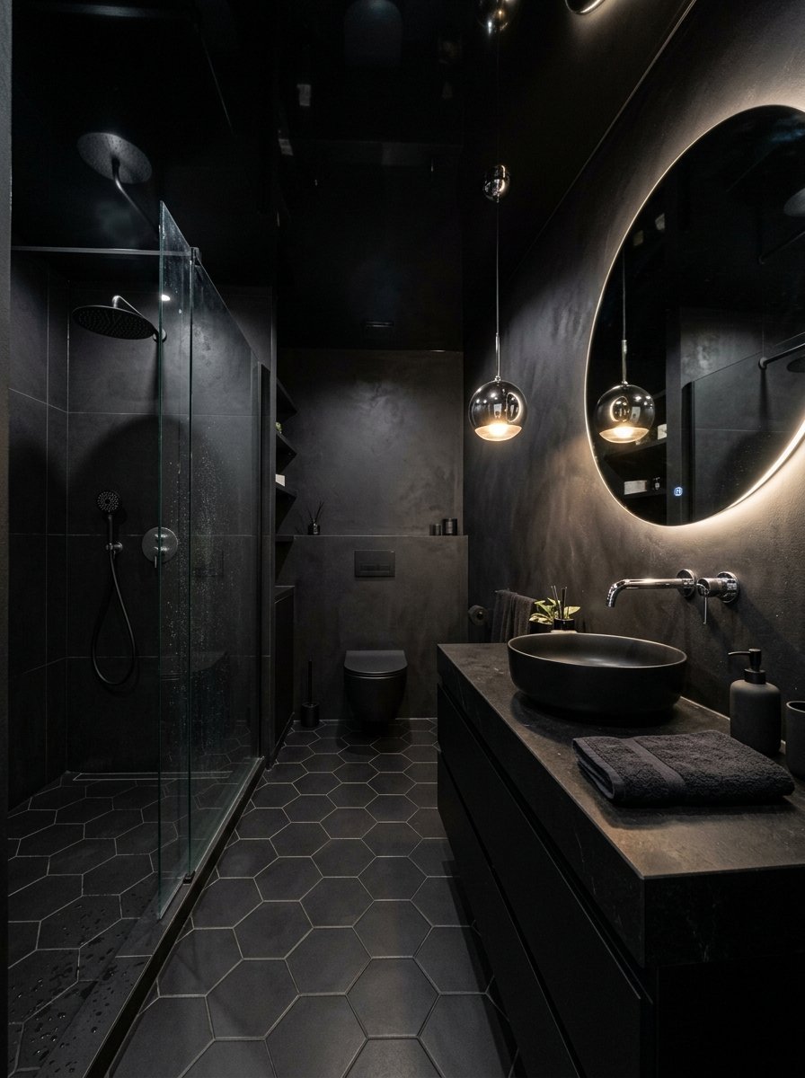 A sleek, all-black bathroom with a glass shower, hexagonal floor tiles, and a round backlit mirror.