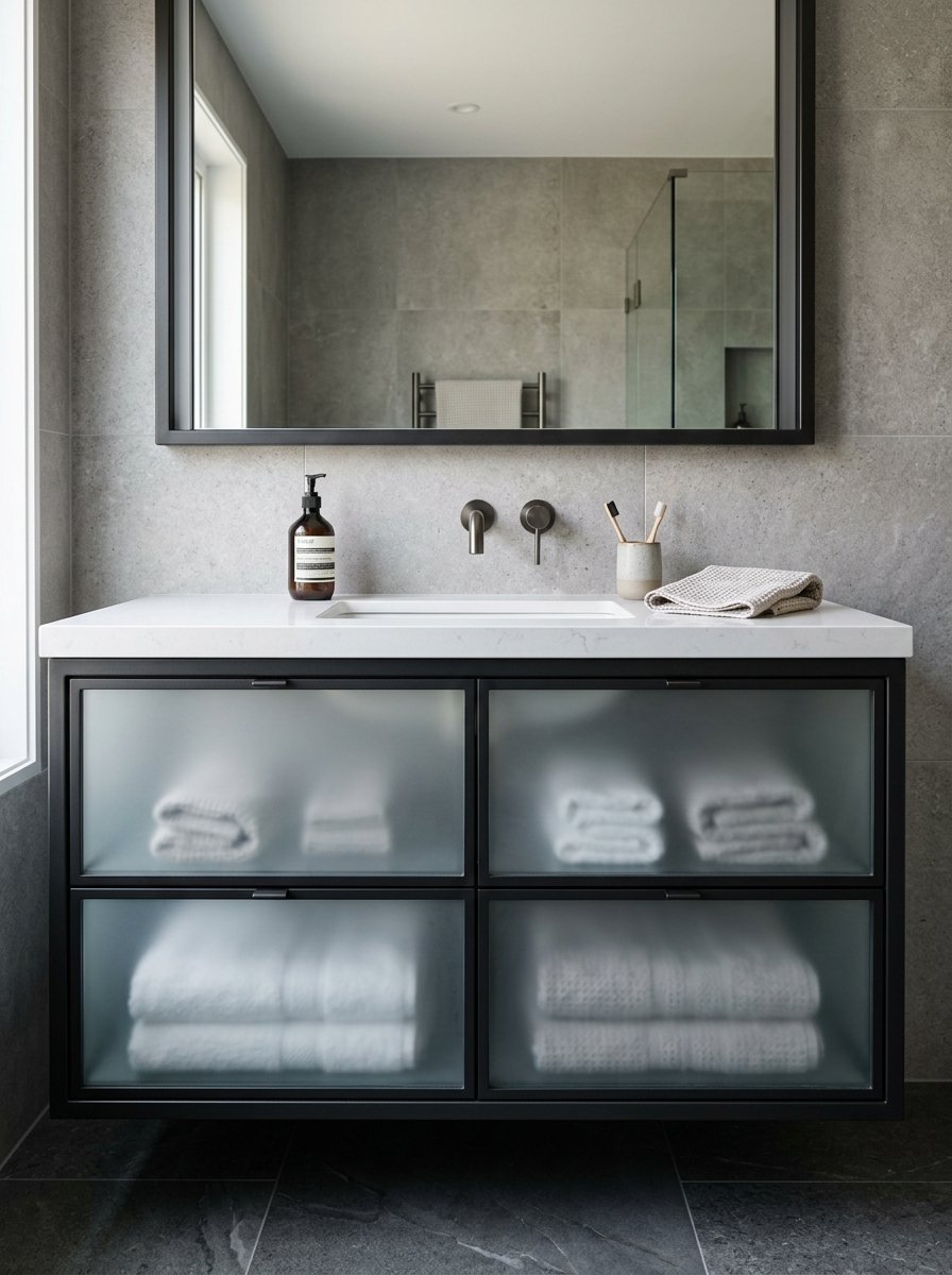 A sleek wall-mounted bathroom vanity with white countertop and stacked towels behind frosted glass panels.