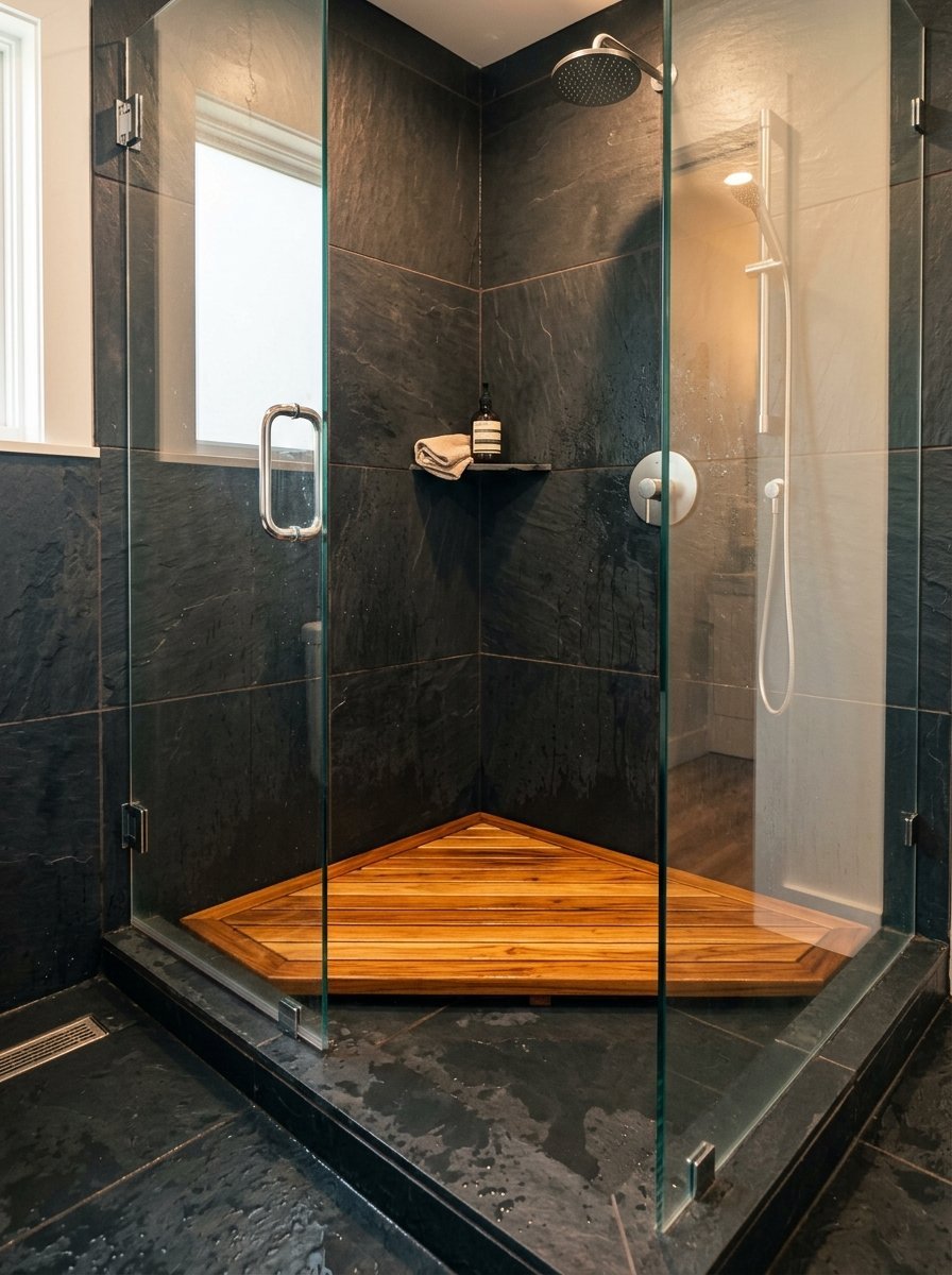 A walk-in shower with dark slate tile walls and a wooden floor mat inside a glass enclosure.