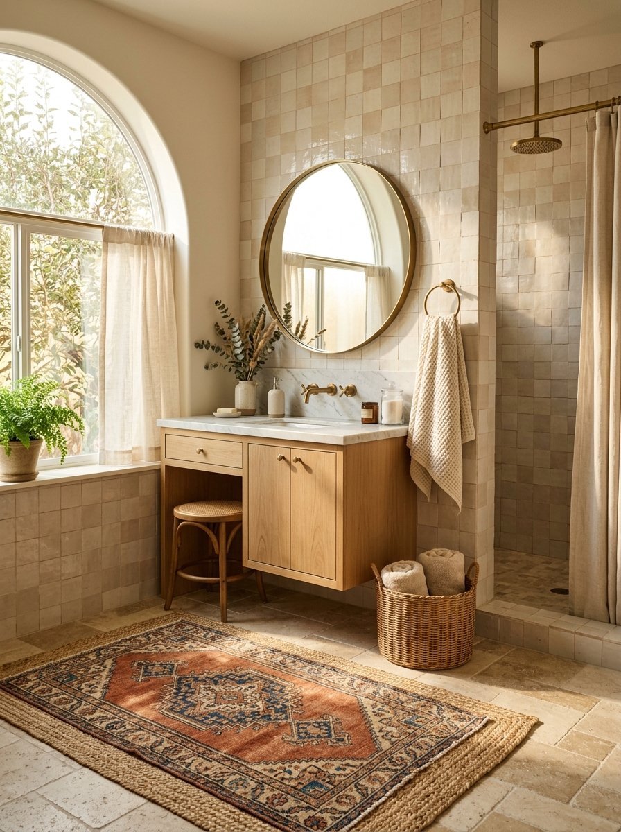 Sunny bathroom with a white marble top vanity, round mirror, and a patterned rug on a stone tile floor.