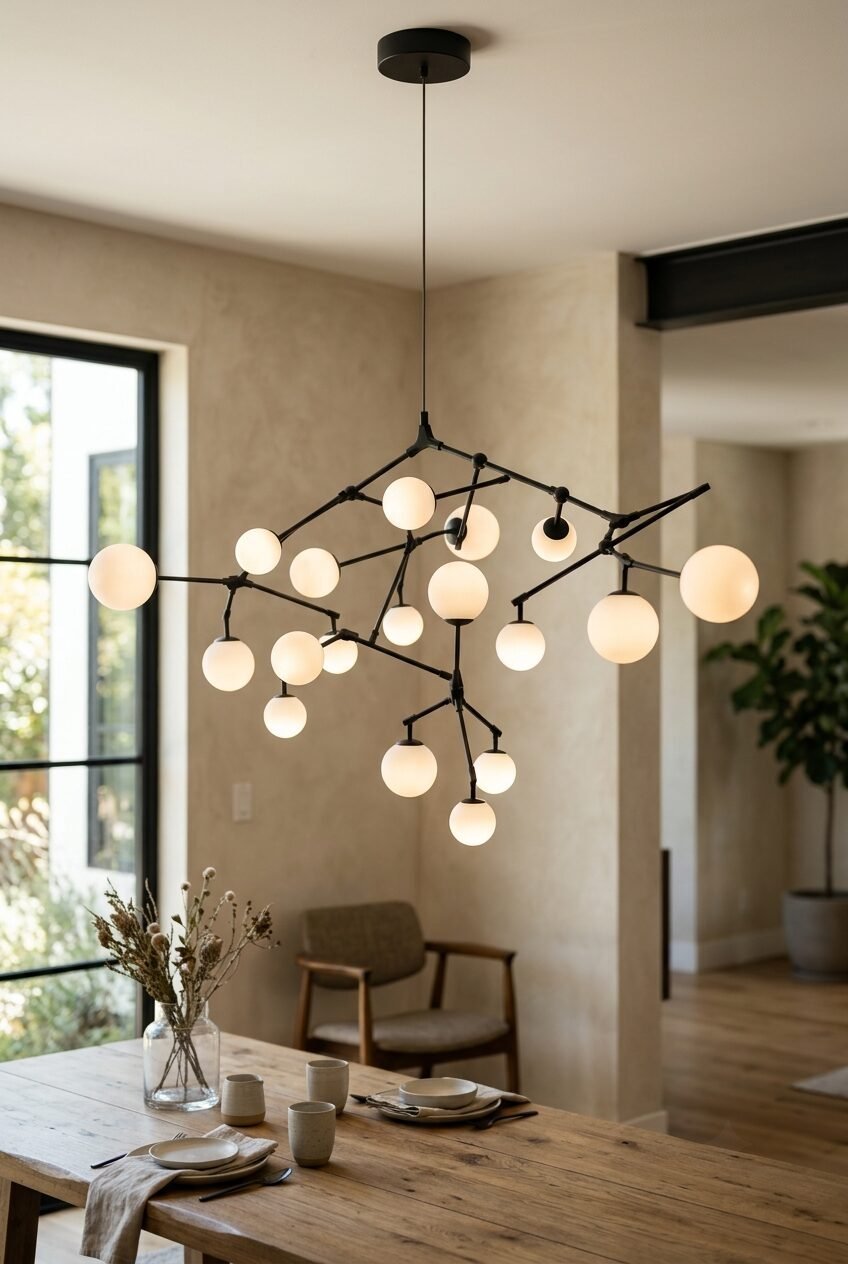 A modern black branch-style pendant light with multiple glowing white spherical glass bulbs over a dining table.