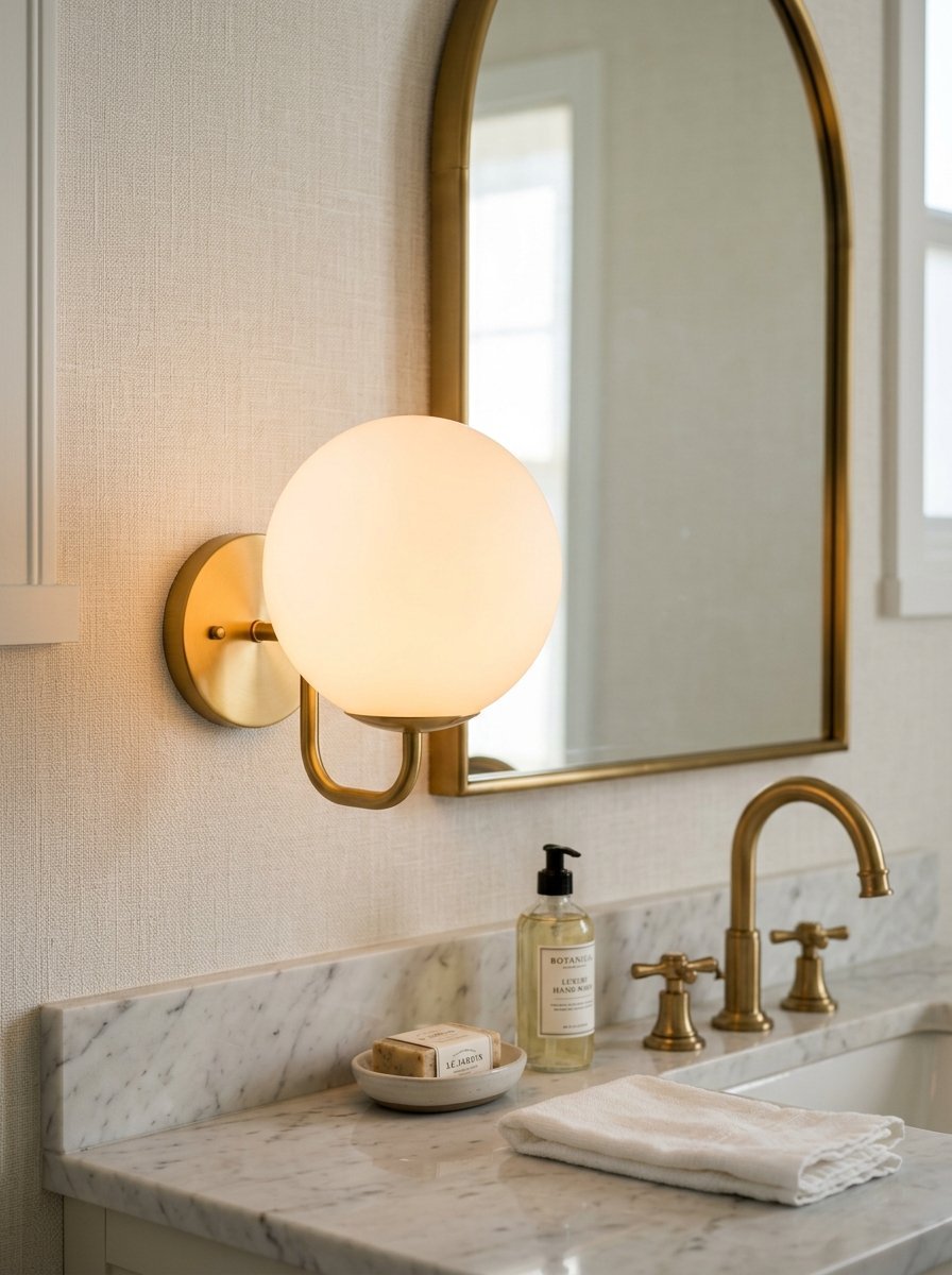 Close up of a round frosted glass wall lamp with brass fixtures mounted beside an arched bathroom mirror.