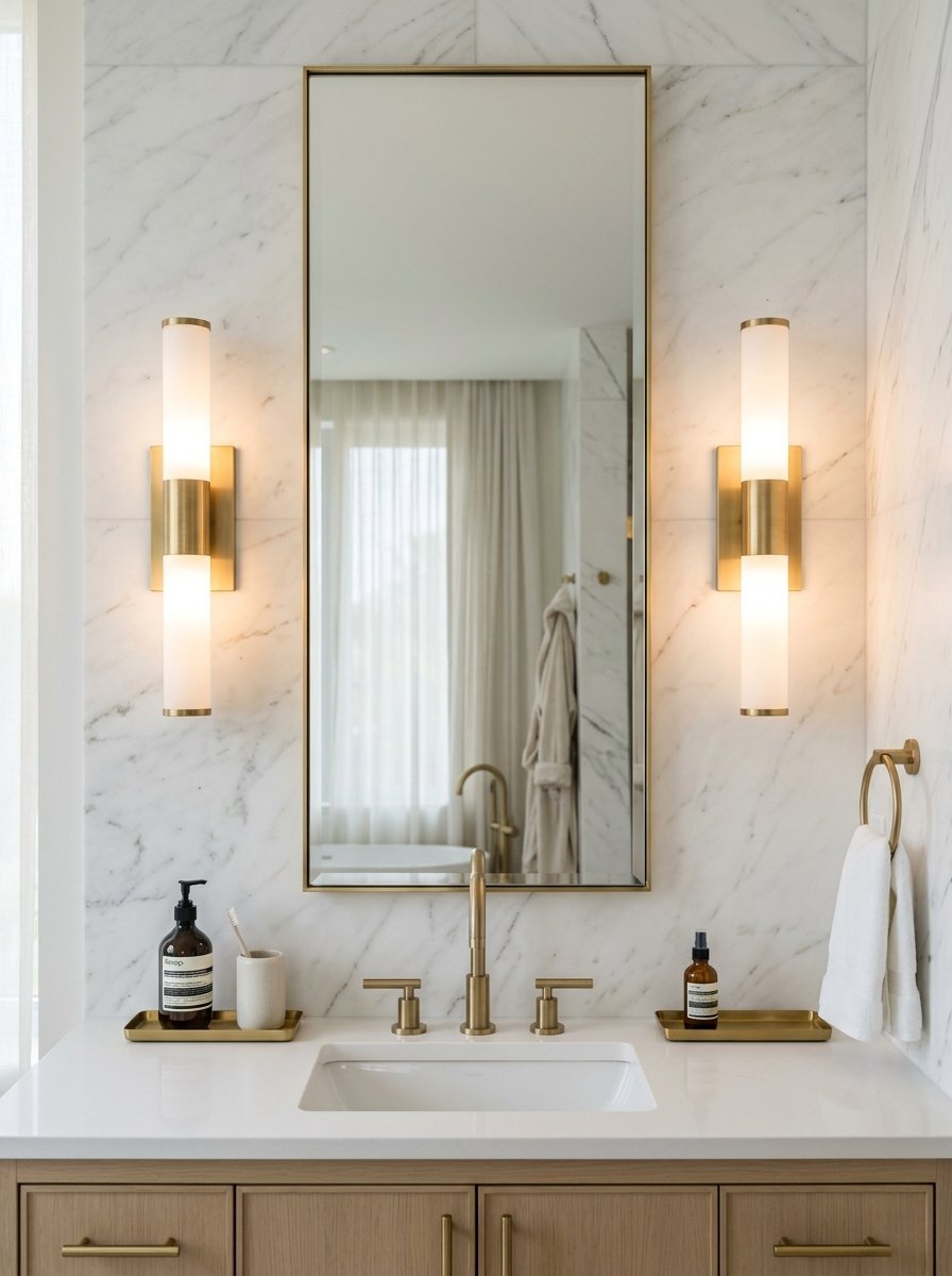 Close-up of a bathroom vanity with a gold-framed mirror, double wall sconces, and a marble backsplash.