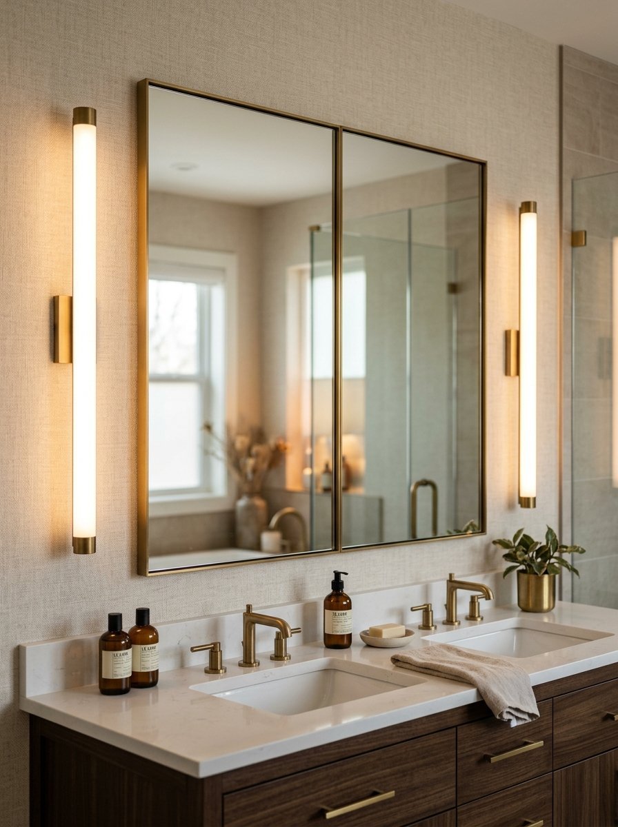 Modern bathroom vanity featuring two sinks, brass hardware, and tall vertical LED light fixtures mounted on the wall.