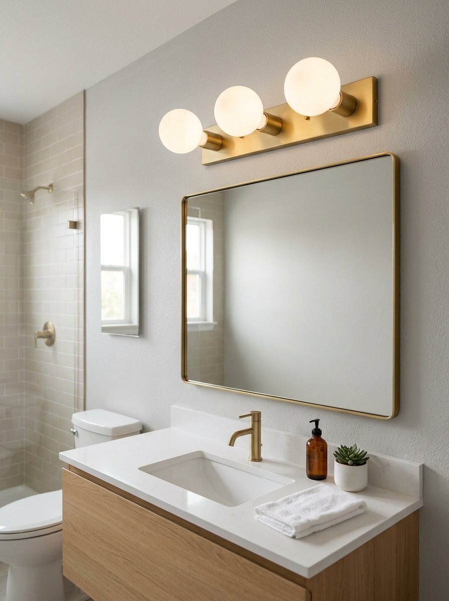 A light wood vanity with white countertop, gold faucet, and a rectangular mirror with three glowing orb lights.