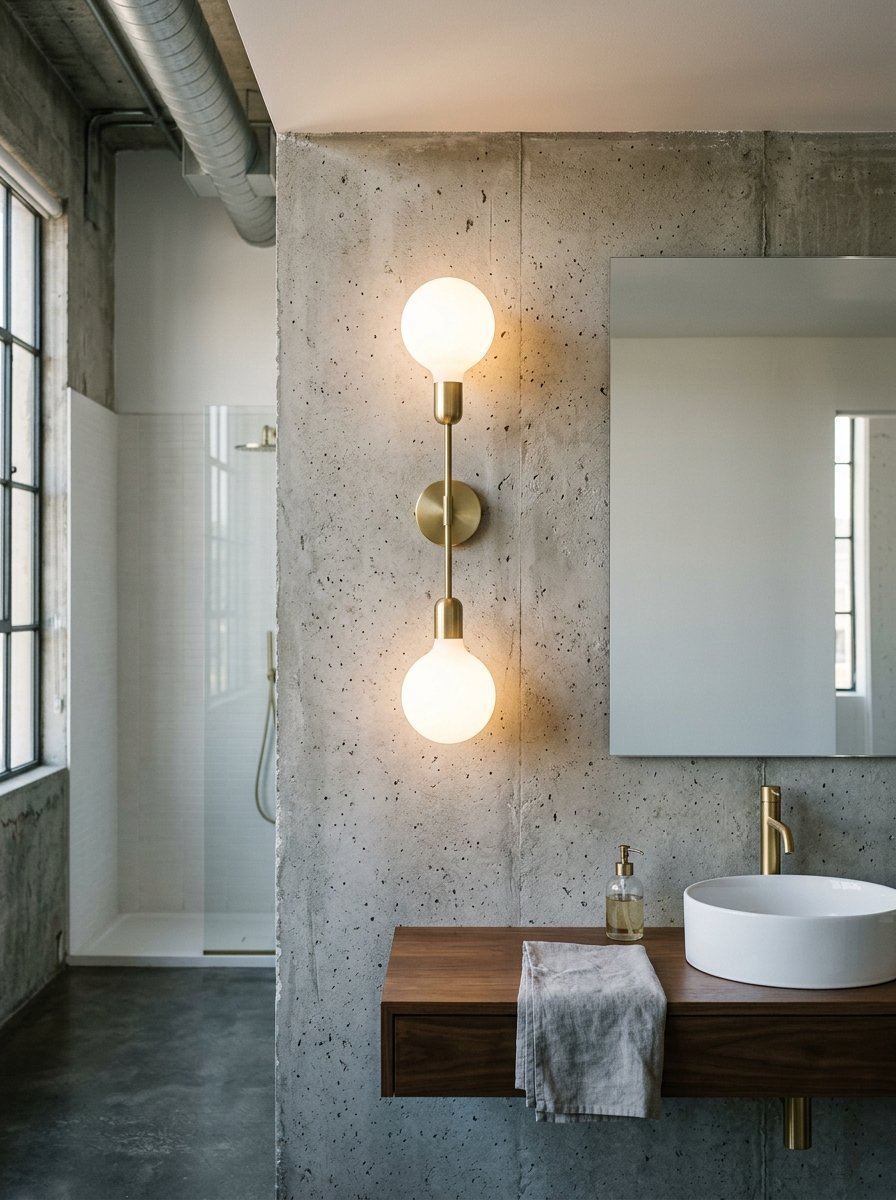 Double bulb gold wall lamp illuminating a concrete bathroom wall above a floating wood vanity with a vessel sink.