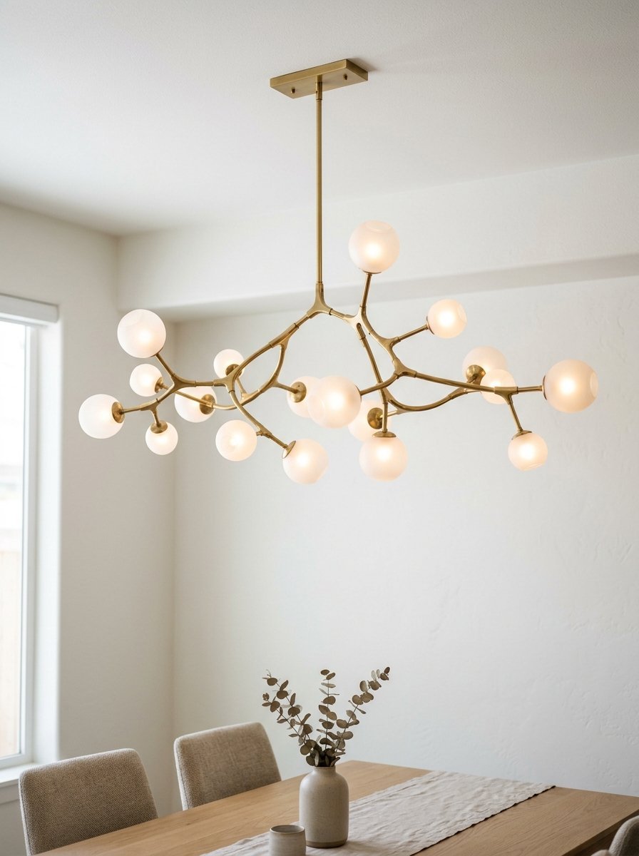 Contemporary gold light fixture with illuminated spherical bulbs hanging over a wooden dining table.