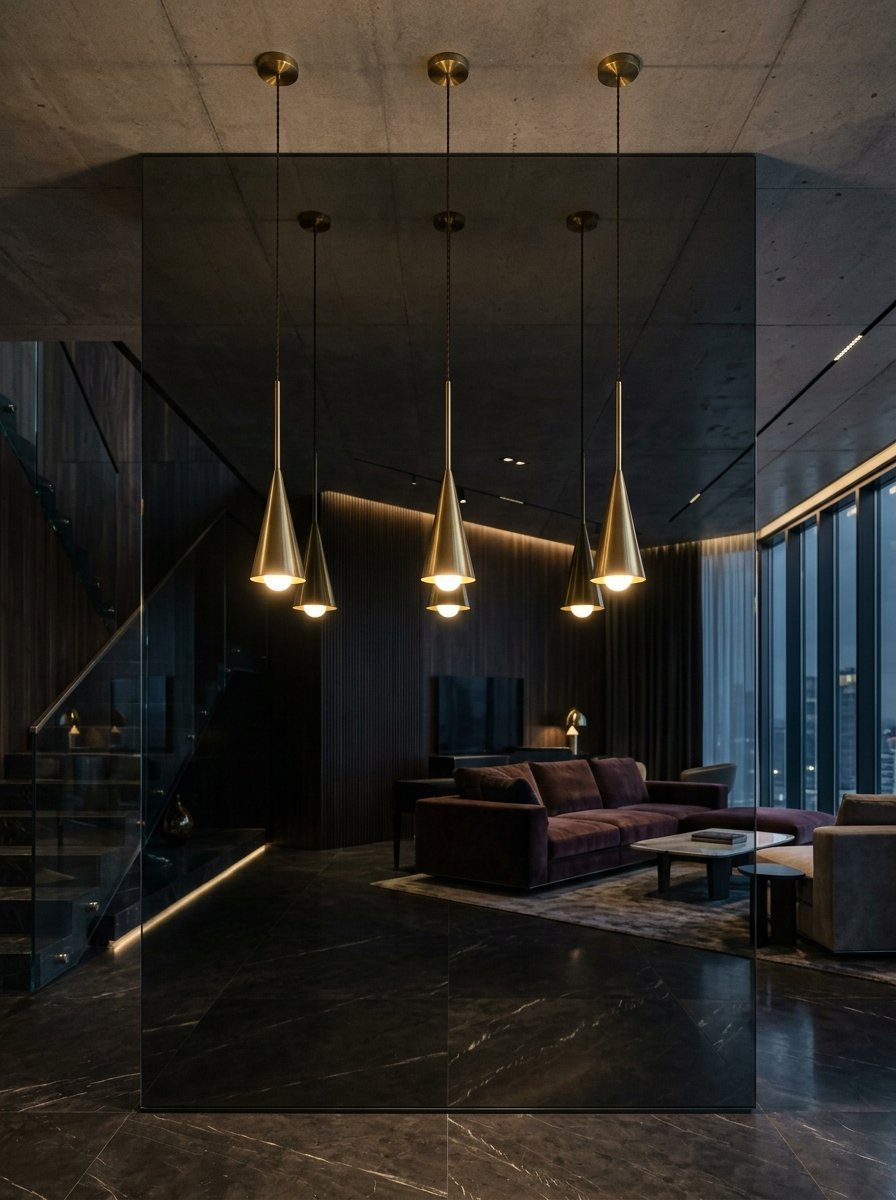 A row of five sleek, conical brass pendant lights hanging from a concrete ceiling in a dark, sophisticated living room.