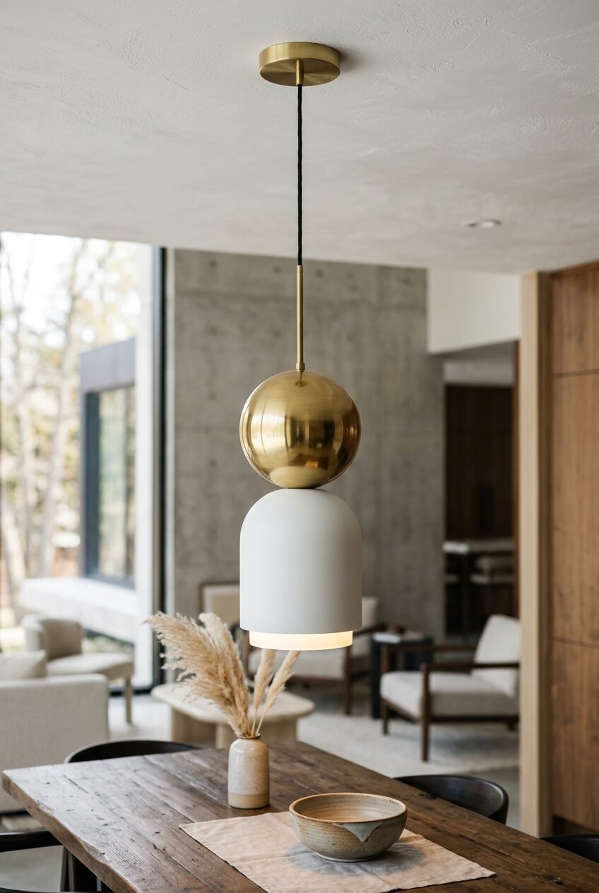 A modern pendant light with a gold sphere and matte white shade hanging in a contemporary living space.