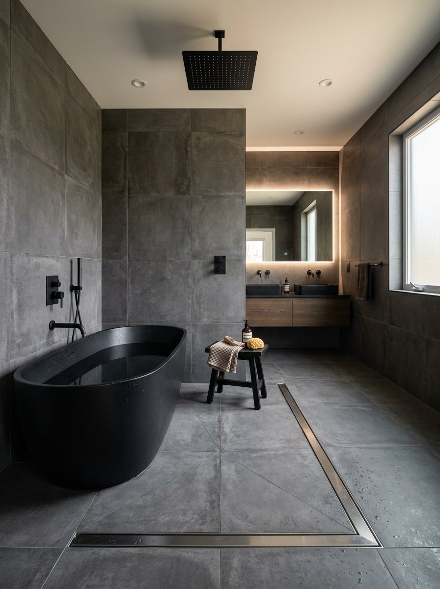 A contemporary bathroom with large dark tiles, a black freestanding tub, and a long linear floor drain.