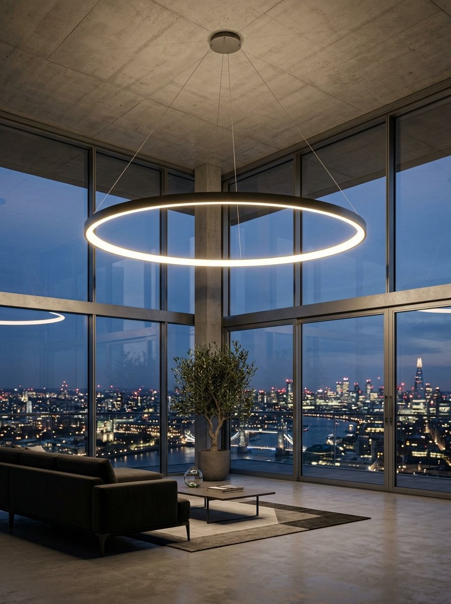 A glowing circular pendant light hangs above a modern lounge with panoramic city night views.