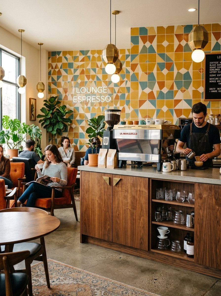 A busy barista working behind a wooden counter in a cafe with colorful geometric wall tiles and patrons lounging.