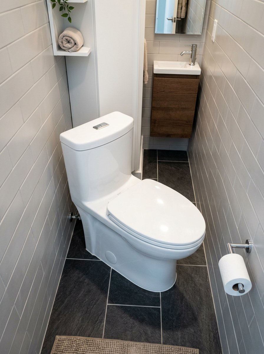 A white dual-flush toilet inside a small powder room with dark stone floors and light subway tiled walls.