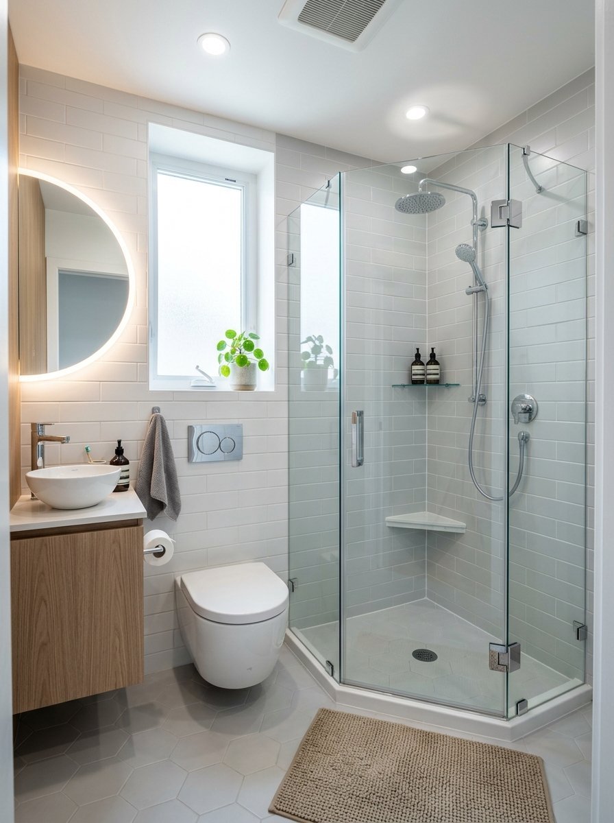 Modern bathroom interior with white subway tiles, wall-mounted toilet, and a glass-enclosed corner shower stall.
