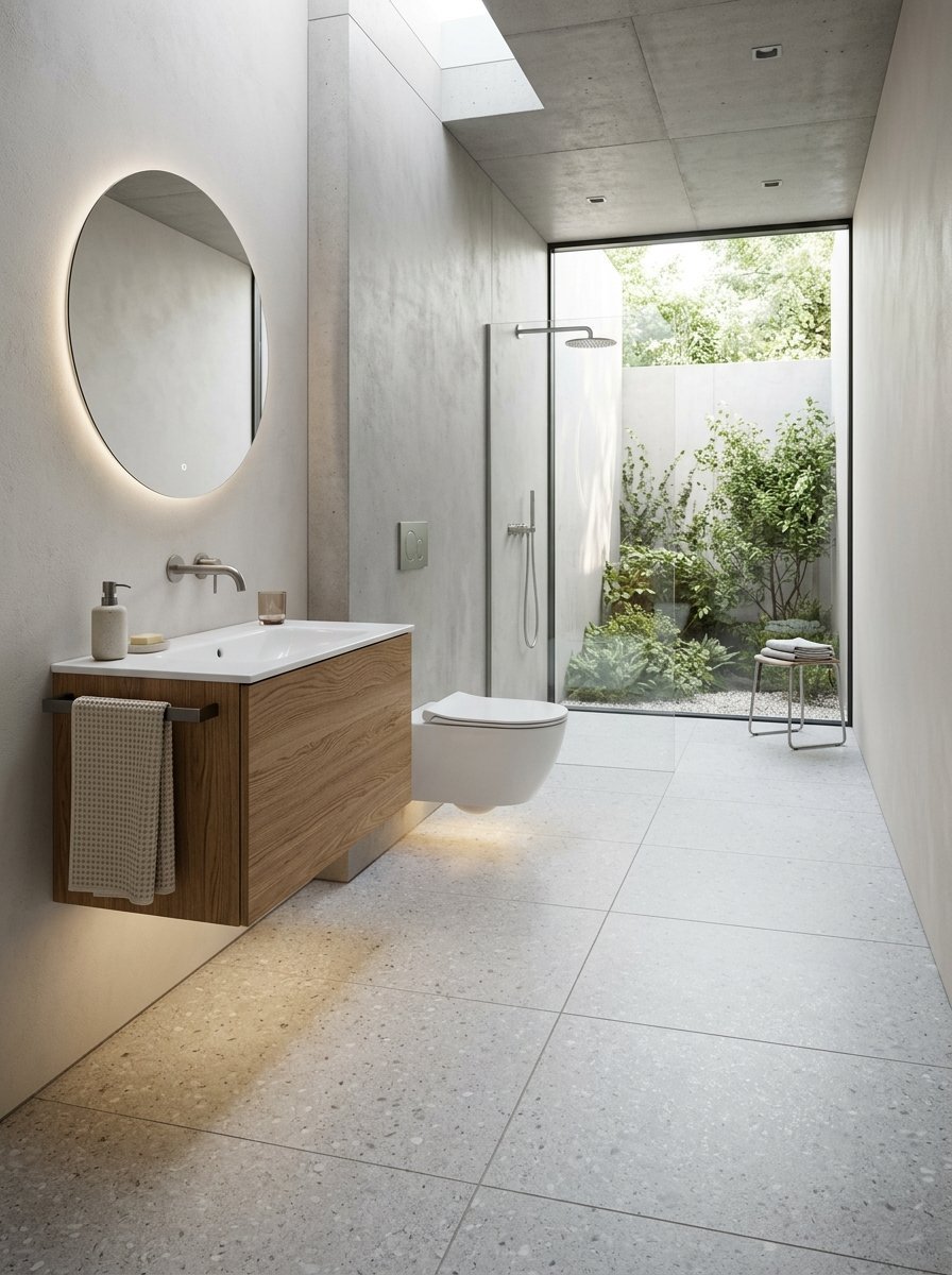 Floating wood vanity, wall-mounted toilet, and shower area with large window overlooking lush greenery.