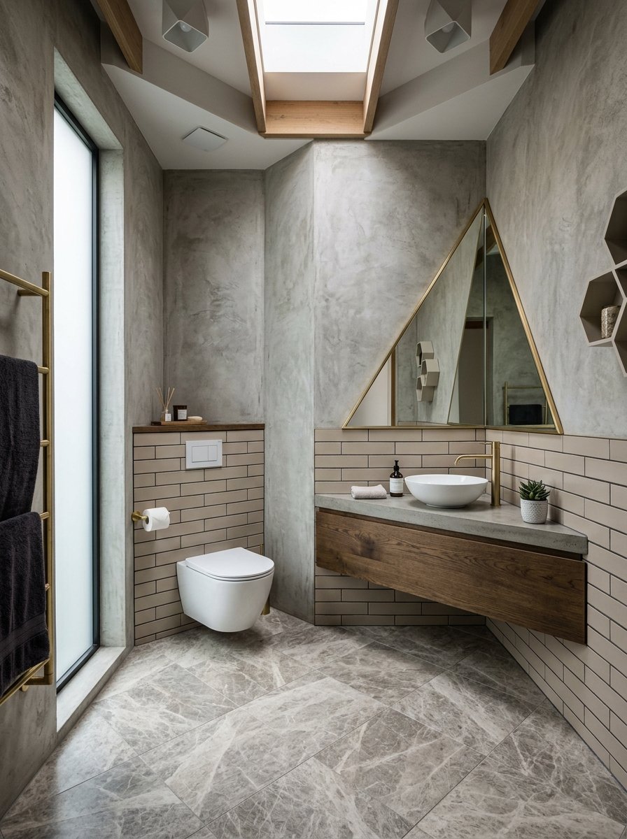 Contemporary bathroom with grey concrete walls, brown subway tiles, and a floating wood vanity with a vessel sink.