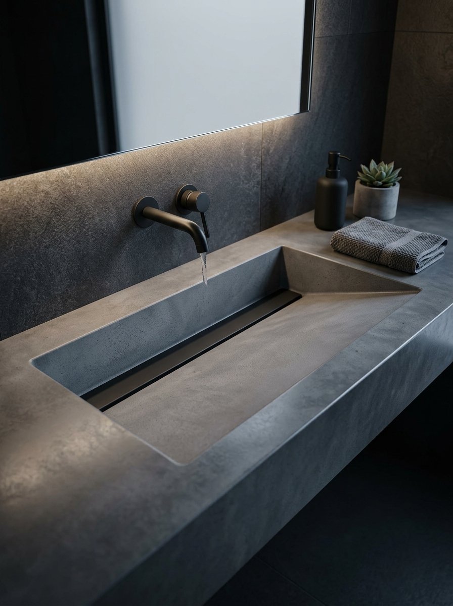 Modern grey concrete sink with a matte black wall-mounted faucet and a small potted succulent on the counter.