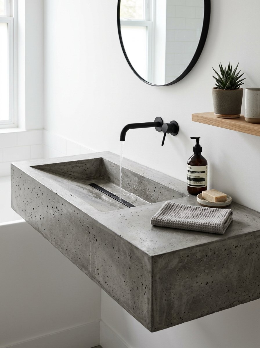 A floating gray concrete bathroom vanity with a running black faucet, succulent, and waffle-weave towel.
