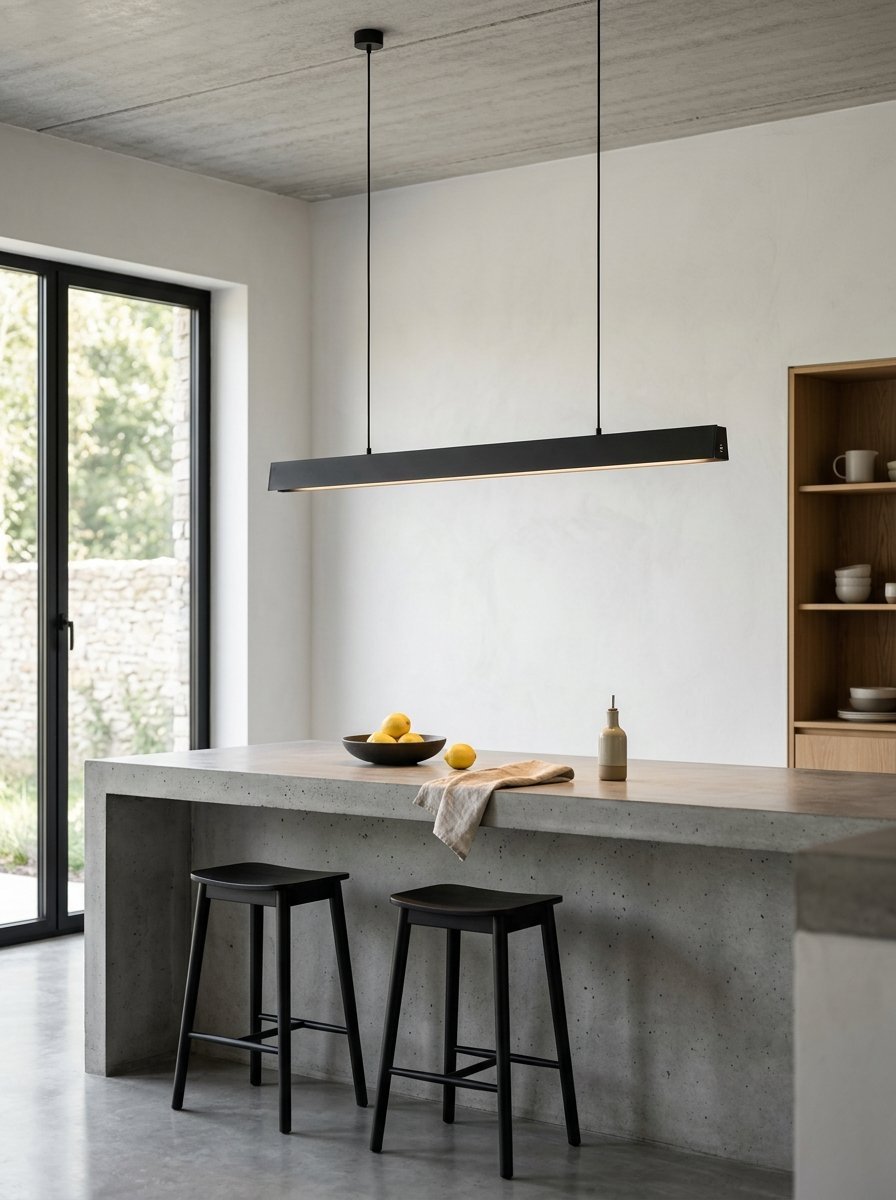 A kitchen island made of smooth concrete with two black bar stools and a sleek, long black light fixture hanging above.