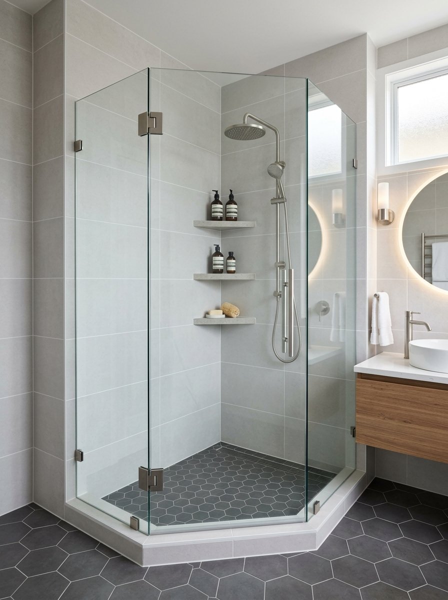 A walk-in shower with clear glass walls, brushed nickel fixtures, and built-in stone corner shelves.