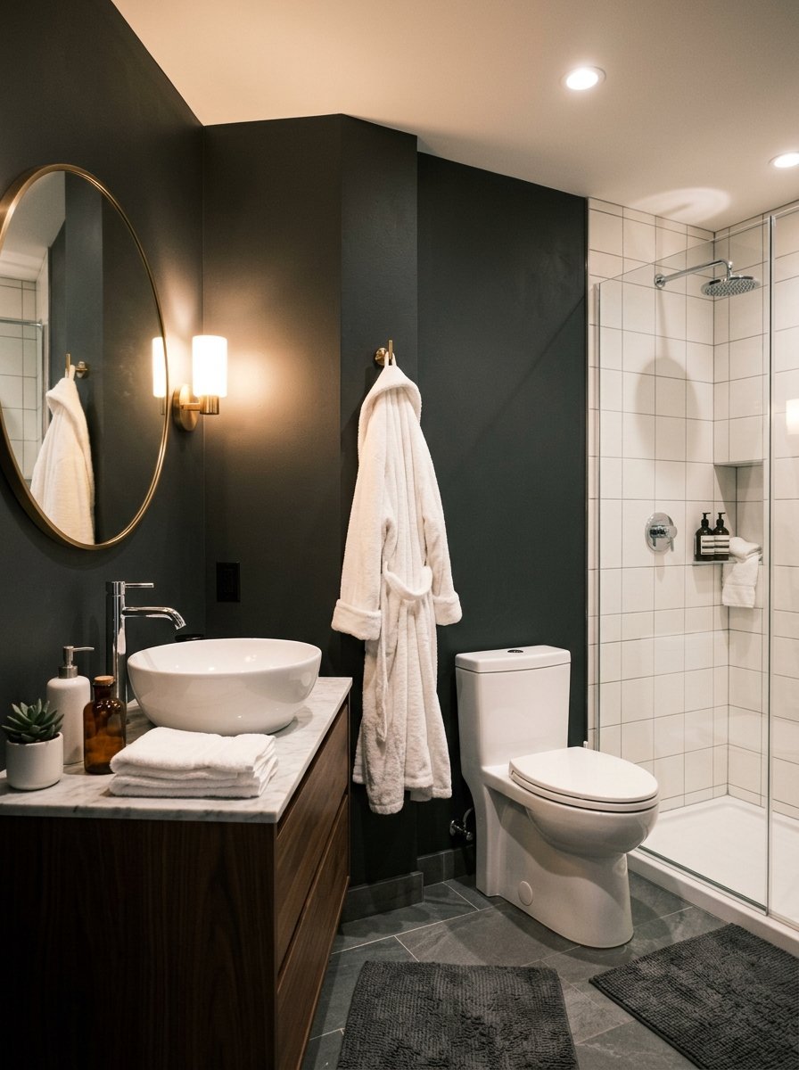 A luxurious bathroom with black walls, a wood vanity, white toilet, and a glass shower enclosure.